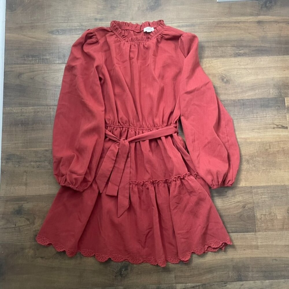 ODDI‎ Women’s Rust Long Sleeve Tiered Mini Dress Tie Waist Size Small